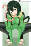  1girl absurdres asui_tsuyu black_legwear blush bodysuit boku_no_hero_academia boots breasts female frog_girl full_body green_background green_bodysuit green_eyes green_hair hair_between_eyes highres large_breasts long_hair long_tongue looking_at_viewer pantsushi patreon patreon_username solo squatting thigh_boots thighhighs tongue tongue_out very_long_tongue 