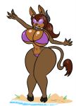  2019 anthro big_breasts bikini bovid bovine breasts brown_hair canid canine canis cattle clothing hair hi_res hooves horn hourglass hybrid knick_knack lewdsona mammal smile solo sunny_miami swan_lovejoy swimsuit wide_hips wolf wolfcow 