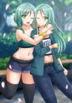  2girls ;) ;d bang_dream! bangs belt belt_buckle black_belt black_legwear blue_pants blue_shorts blurry blurry_background blush bow braid breasts buckle cleavage collarbone commentary crop_top day depth_of_field english_commentary eyebrows_visible_through_hair fingernails green_eyes green_hair green_jacket hair_bow highres hikawa_hina hikawa_sayo hug jacket kazenokaze long_hair midriff multiple_girls navel one_eye_closed open_clothes open_jacket open_mouth outdoors pants petals shirt short_shorts shorts siblings side_braids sisters small_breasts smile standing standing_on_one_leg thighhighs tree twin_braids v very_long_hair white_shirt wristband yellow_bow 