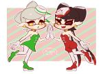  +_+ 2018 2girls ;d alternate_color ankle_boots aori_(splatoon) bare_shoulders boots breasts coula_cat cousins detached_sleeves domino_mask dress earrings food food_on_head full_body gloves green_dress green_footwear green_hair hair_rings hotaru_(splatoon) jewelry leg_up long_hair looking_at_viewer mask mole mole_under_eye multicolored_hair multiple_girls object_on_head one_eye_closed open_mouth pantyhose pointy_ears red_footwear red_hair red_jumpsuit short_dress short_hair short_jumpsuit silver_hair small_breasts smile splatoon splatoon_(series) splatoon_1 strapless strapless_dress symbol-shaped_pupils tentacle_hair two-tone_hair very_long_hair white_gloves white_legwear yellow_eyes 