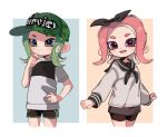  2girls :d baseball_cap bike_shorts black_neckwear black_ribbon black_sailor_collar black_shorts blue_eyes camouflage camouflage_hat closed_mouth cowboy_shot fang frown green_hair green_headwear grey_skirt hair_ribbon hand_up hat legs_apart legs_together long_hair long_sleeves looking_at_viewer maco_spl miniskirt multiple_girls neckerchief octarian octoling open_mouth pink_eyes pink_hair ribbon sailor_collar school_uniform serafuku shirt short_sleeves shorts shorts_under_skirt skirt smile splatoon splatoon_(series) splatoon_2 suction_cups tentacle_hair white_shirt 