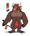  2019 abs anthro bovid bovine bulge cattle clothed clothing ear_piercing ear_tag facial_piercing haps horn horn_ring jockstrap male mammal muscular muscular_male navel nipples nose_piercing nose_ring pecs piercing simple_background smile solo toony topless underwear white_background 