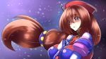  1girl android bangs beret blush breasts brown_hair capcom eyebrows_visible_through_hair eyes_visible_through_hair female green_eyes hair_between_eyes hands_together hat iris_(rockman_x) large_breasts long_hair low-tied_long_hair military_hat red_hat rockman rockman_x rockman_x4 shimazu_kaname solo tearing_up 