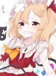  1girl bangs blonde_hair clenched_teeth collared_shirt commentary_request crossed_bandaids crying crying_with_eyes_open crystal eringi_(rmrafrn) eyebrows_visible_through_hair fang flandre_scarlet frilled_shirt_collar frills hair_between_eyes hair_ribbon hat long_hair mob_cap one_side_up red_eyes red_ribbon red_skirt red_vest ribbon shirt short_sleeves simple_background skirt solo tears teeth torn_clothes torn_hat torn_shirt torn_vest touhou vest white_background white_hat white_shirt wings 