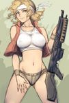  bangs blonde_hair breasts collarbone covered_nipples crop_top denim denim_shorts fumio_(rsqkr) genderswap genderswap_(mtf) gun hand_on_thigh headband holding impossible_clothes impossible_shirt large_breasts looking_at_viewer lowleg marco_rossi metal_slug midriff navel open_clothes open_shirt parted_bangs shirt short_hair short_shorts shorts sketch snk solo sports_bra standing tank_top thighs torn_clothes vest wavy_hair weapon wide_hips wristband 