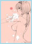  animal_ears back bathing breasts final_fantasy final_fantasy_xi large_breasts mithra monochrome nipples ponytail sketch soap_bubbles solo tachibana_chata tail wet whistling 