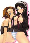  akiyama_mio black_hair blue_eyes blush breasts brown_eyes brown_hair cameltoe cleavage covered_nipples k-on! large_breasts long_hair multiple_girls no_pants panties spread_legs striped striped_panties tainaka_ritsu tama_two_(fukuya) tomboy underwear 