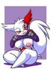  1girl :p barefoot bb bittenhard blush bottomless breasts covering furry large_breasts pokemon simple_background smile solo tongue tongue_out zangoose 
