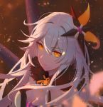  1girl bangs bare_shoulders benghuai_xueyuan blurry blurry_foreground breasts cleavage closed_mouth commentary depth_of_field eyebrows_visible_through_hair fur_collar hair_between_eyes hair_ornament honkai_impact hua_ye kiana_kaslana long_hair looking_at_viewer medium_breasts orange_eyes solo strapless upper_body v-shaped_eyebrows white_hair 