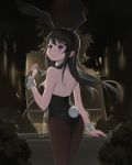  1girl absurdres animal_ears ass back bag black_hair blue_eyes blush breasts bunny_ears bunny_girl bunnysuit bush detached_collar from_behind highres holding holding_hair large_breasts lkqyan pantyhose sakurajima_mai seishun_buta_yarou shoulder_bag smile solo tree wrist_cuffs 