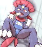  blush camel_toe clothing cute_fangs dessert food hi_res ice_cream japanese looking_at_viewer lying mitoganmo nintendo on_back one-piece_swimsuit open_mouth pok&eacute;mon pok&eacute;mon_(species) red_eyes school_swimsuit simple_background solo spread_legs spreading swimsuit undressing video_games weavile 
