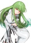  1girl ass back bangs breasts brown_eyes c.c. code_geass creayus eyebrows_visible_through_hair green_hair long_hair medium_breasts parted_lips simple_background solo straitjacket white_background 