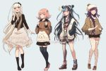  4girls :3 alternate_costume belt black_belt black_bow black_footwear black_hair black_legwear black_skirt black_sweater blonde_hair blue_hair blush boots bow braid breasts brown_scarf chewing_gum commentary criis-chan danganronpa ear_piercing english_text eyebrows_visible_through_hair fishnet_legwear fishnets hair_bow hair_ornament hairband hairclip jacket lip_piercing long_hair long_skirt long_sleeves looking_at_another miniskirt mioda_ibuki mismatched_legwear multicolored_hair multiple_girls nanami_chiaki open_clothes open_jacket piercing pink_eyes pink_footwear pink_hair scarf shoes short_hair shorts simple_background skirt sonia_nevermind stitches super_danganronpa_2 sweater thighhighs tsumiki_mikan tumblr_username two-tone_jacket upper_teeth very_long_hair white_hair wide_sleeves 