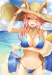  1girl animal_ears bangle beach bikini blue_bikini blue_sky bracelet breast_lift breasts cleavage cloud collarbone day ears_through_headwear erect_nipples fang fate/grand_order fate_(series) food fox_ears fox_tail hand_up hat highres innertube jewelry large_breasts long_hair looking_at_viewer navel one_eye_closed open_mouth pink_hair popsicle shadow side-tie_bikini sky smile solo standing sun_hat swimsuit tail tamamo_(fate)_(all) tamamo_no_mae_(swimsuit_lancer)_(fate) tukise_33 