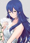  1girl a_meno0 bare_shoulders blue_eyes blue_hair blush collarbone dress fire_emblem fire_emblem:_kakusei flower long_hair looking_at_viewer lucina nintendo sleeveless sleeveless_dress smile solo sundress sunflower tiara white_dress 