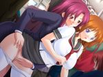  2girls age_difference antenna_hair assisted_exposure blurry breasts censored chikan depth_of_field eyebrows_visible_through_hair grabbing grabbing_from_behind molestation mosaic_censoring multiple_girls orange_hair pink_hair pleated_skirt public_sex reach-around red_eyes sailor_collar school_uniform sex skirt tagme tights train_interior violet_eyes yuri 