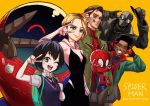  backpack bag black_hair blonde_hair blue_eyes blush bodysuit breasts brown_eyes gwen_stacy hat highres hood long_hair looking_at_viewer marvel mask miles_morales multiple_boys one_eye_closed peni_parker pig_boy school_uniform shibata_yuusaku short_hair silk skirt smile sp//dr spider-gwen spider-ham spider-man spider-man:_into_the_spider-verse spider-man_(miles_morales) spider-man_(series) spider-man_noir spider_web spider_web_print superhero v 