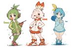  3girls ;d animal_ears bangs blue_hair blush breasts bunny_ears chewing_gum closed_mouth commentary creatures_(company) english_commentary fire flat_chest full_body game_freak gen_8_pokemon glasses grass green_hair green_legwear grookey hair_ribbon hands_on_hips happy jacket knees_together long_hair looking_at_viewer multiple_girls nintendo one_eye_closed open_mouth parororo personification pokemon pokemon_ears ribbon scorbunny shoes short_hair small_breasts smile sobble standing thighhighs water white_hair white_jacket 