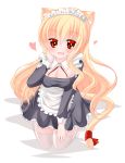  1girl :d animal_ear_fluff animal_ears apron bangs bed_sheet black_dress blonde_hair blush breasts cat_ears cat_girl cat_tail cleavage commentary_request dress eyebrows_visible_through_hair frilled_apron frilled_dress frills full_body hair_between_eyes hand_on_own_face hand_up highres kanijiru large_breasts long_hair long_sleeves maid maid_headdress open_mouth original pleated_dress red_eyes red_ribbon ribbon smile solo tail tail_ribbon thighhighs twitter_username very_long_hair white_apron white_background white_legwear 