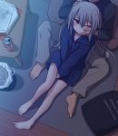  1boy 1girl absurdres bare_legs barefoot blush feet highres hood hoodie ikune_juugo indoors long_hair one_eye_closed original sleeves_past_wrists toes 