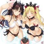  1girl 2girls armlet bangs bare_shoulders bikini black_bikini black_bikini_bottom black_hair black_ribbon blonde_hair blush breasts bridal_gauntlets cellphone cleavage detached_collar earrings ereshkigal_(fate/grand_order) eyes_closed fate/grand_order fate_(series) grin hair_ribbon halterneck highleg highleg_bikini hoop_earrings ishtar_(fate/grand_order) jewelry long_hair multiple_girls navel neck_ring okitakung one_eye_closed open_mouth parted_bangs phone red_ribbon ribbon self_shot skull smile swimsuit thighs tiara two_side_up wading water white_bikini_top 