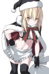  1girl apron artoria_pendragon_(all) artoria_pendragon_(swimsuit_rider_alter) bangs black_legwear blonde_hair breasts cape closed_mouth commentary_request eyebrows_visible_through_hair fate/grand_order fate_(series) frilled_apron frilled_bikini_top frills fur_trim gloves hat legs looking_at_viewer maid_apron maid_bikini ribbon santa_alter santa_costume santa_hat shiseki_hirame simple_background small_breasts smile solo thighhighs thighs white_background yellow_eyes 