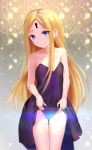  1girl abigail_williams_(fate/grand_order) absurdres amaroku_neko bangs bare_arms bare_shoulders blonde_hair blue_eyes blue_panties blush breasts closed_mouth collarbone cowboy_shot dress dress_lift eyebrows_visible_through_hair fate/grand_order fate_(series) forehead highres keyhole lifted_by_self long_hair looking_at_viewer panties parted_bangs purple_dress sidelocks small_breasts smile solo standing strapless strapless_dress thighs underwear very_long_hair 