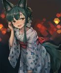  2017 animal_humanoid black_fur black_hair blush breasts brown_eyes canid canid_humanoid canine canine_humanoid clothed clothing cute_fangs deadflow female fluffy fluffy_tail fox_humanoid fur hair half-closed_eyes humanoid inner_ear_fluff japanese_clothing kimono looking_at_viewer mammal open_mouth small_breasts solo sweat 