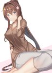  1girl blush breasts brown_eyes brown_hair brown_sweater casual closed_mouth collarbone flower hair_flower hair_intakes hair_ornament highres kantai_collection large_breasts long_hair looking_at_viewer pallad pants ponytail shiny shiny_hair sidelocks simple_background smile solo sweater twisted_torso two-tone_background very_long_hair white_background white_pants yamato_(kantai_collection) 