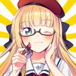  1girl :3 aqua_eyes bangs beret bespectacled black-framed_eyewear black_ribbon blonde_hair blush closed_mouth collarbone commentary_request fuji_fujino glasses hair_ribbon hand_on_own_cheek hands_up hat heart heart-shaped_pupils holding holding_paintbrush long_hair looking_at_viewer mononobe_alice nijisanji one_eye_closed paintbrush red_headwear red_neckwear ribbon sailor_collar semi-rimless_eyewear shirt smile solo sunburst symbol-shaped_pupils under-rim_eyewear upper_body virtual_youtuber white_sailor_collar white_shirt 