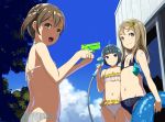  3girls ahoge back bangs bare_shoulders bikini black_bikini blue_eyes blue_hair blue_sky bob_cut brown_eyes brown_hair carrot_hair_ornament child closed_mouth cloud cloudy_sky collarbone commentary_request day food_themed_hair_ornament frilled_bikini frills hair_ornament hair_ribbon highres holding hose innertube long_hair looking_at_viewer multiple_girls navel open_mouth original outdoors ribbon short_twintails sky smile sody standing striped striped_bikini striped_swimsuit swimsuit twintails vertical-striped_bikini vertical_stripes water_gun wet 
