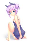  1girl :o ass bangs bare_arms bare_legs bare_shoulders barefoot blue_eyes blue_swimsuit blush breasts casual_one-piece_swimsuit commentary_request double_bun eyebrows_visible_through_hair frilled_swimsuit frills full_body gochuumon_wa_usagi_desu_ka? hair_between_eyes hair_ornament kafuu_chino looking_at_viewer looking_back one-piece_swimsuit open_mouth purple_hair shadow shiraki_shiori side_bun sidelocks sitting small_breasts solo swimsuit white_background x_hair_ornament 
