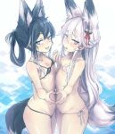  2017 animal_humanoid bell bikini black_fur blue_eyes blush braided_hair breasts butt canid canid_humanoid canine canine_humanoid clothed clothing cross_pupils cute_fangs deadflow duo female fluffy fluffy_tail fox_humanoid fur hair hair_ornament hand_heart hand_holding humanoid inner_ear_fluff looking_at_viewer mammal nipple_outline open_mouth red_eyes skimpy small_breasts swimsuit tongue tongue_out white_fur 