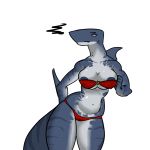  2019 annoyed anthro areola artlegionary big_breasts bikini breasts clothing dorsal_fin elbow_fin empty_eyes eyelashes female fin fish front_view half-closed_eyes hand_on_breast long_neck marine navel shark solo standing swimsuit thick_tail thick_thighs wide_hips 