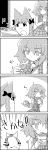  4koma animal_ears bag bangs bending_backward blunt_bangs bow braid breaking cat_ears cat_tail comic commentary_request eating emphasis_lines food giving greyscale hair_bow highres holding holding_food kaenbyou_rin kazami_yuuka long_sleeves monochrome multiple_hair_bows multiple_tails necktie plaid plaid_skirt plaid_vest shirt short_hair skirt skirt_set smile tail taiyaki tani_takeshi touhou translation_request twin_braids vest wagashi yukkuri_shiteitte_ne 