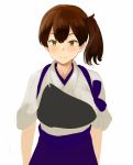  1girl apron brown_eyes brown_hair closed_mouth hakama japanese_clothes kaga_(kantai_collection) kantai_collection long_hair muneate side_ponytail solo tasuki watanore white_background 