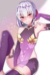  1girl abi_(abimel10) armpits bangs bare_shoulders between_legs blush breasts commentary_request detached_sleeves dress earrings eyebrows_visible_through_hair fate/grand_order fate_(series) hair_ribbon hand_between_legs jewelry kama_(fate/grand_order) looking_at_viewer nail_polish navel pink_nails purple_dress purple_legwear purple_sleeves red_eyes red_ribbon ribbon see-through short_hair sleeveless sleeveless_dress smile solo thighhighs 