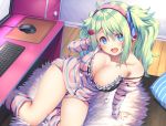  aqua_eyes asa_no_ha blush bra breasts cleavage computer green_hair headphones hoodie long_hair original pajamas twintails underwear 