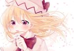  1girl bangs blonde_hair bow brown_wings capelet cherry_blossoms commentary_request eringi_(rmrafrn) eyebrows_visible_through_hair fairy_wings flower hair_between_eyes hand_up hat hat_bow holding holding_flower lily_white long_hair looking_at_viewer parted_lips petals pink_headwear red_bow red_eyes simple_background smile solo touhou transparent_wings upper_body white_background white_capelet white_flower wings 