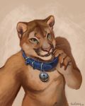  2019 anthro ball brown_background claws clothed clothing collar cougar fangs felid feline green_eyes looking_at_viewer male mammal mostly_nude selfie simple_background smile solo topless trunorth whiskers 