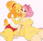  2019 animal_crossing anthro big_breasts blush breasts canid canine canis cherrikissu clothed clothing domestic_dog duo eyes_closed female fur hair isabelle_(animal_crossing) mammal nintendo shih_tzu simple_background smile video_games villager_(animal_crossing) yellow_fur 