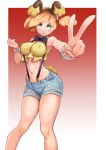  1girl animal_ears bare_shoulders blue_eyes border breasts buneary buneary_(cosplay) creatures_(company) crop_top denim denim_shorts erect_nipples eyebrows_visible_through_hair fake_animal_ears game_freak gen_4_pokemon highres kasumi_(pokemon) large_breasts looking_up midriff navel nico-mo nintendo open_mouth orange_hair pokemon pokemon_(anime) pokemon_(classic_anime) red_background short_hair short_sidetail shorts solo suspender_shorts suspenders upper_teeth v white_border wrist_cuffs 