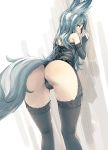  2017 animal_humanoid armwear black_fur black_hair blush butt canid canid_humanoid canine canine_humanoid clothed clothing corset deadflow female fluffy fluffy_tail fur hair humanoid legwear lingerie long_hair looking_at_viewer looking_back mammal open_mouth presenting presenting_hindquarters red_eyes solo standing thigh_highs 