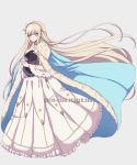  1girl blue_cape cape commentary criis-chan crossover danganronpa dress eyebrows_visible_through_hair fate_(series) flower hair_flower hair_ornament headgear holding long_dress long_hair long_sleeves simple_background solo sonia_nevermind super_danganronpa_2 tumblr_username very_long_hair white_dress wide_sleeves yellow_eyes yellow_flower 