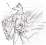  0laffson 2019 anthro butt_pose dasyuromorph hi_res holding_object holding_weapon male mammal marsupial mostly_nude shield solo standing thylacine traditional_media_(artwork) weapon 