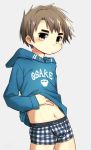  1boy boxers brown_hair bulge hood hoodie shirt_lift solo underwear 