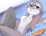  2019 anthro breasts carrot disney ears_down featureless_breasts female food half-closed_eyes judy_hopps lagomorph looking_at_viewer mammal nude purple_eyes pussy_juice rabbit rin_tyan selfie simple_background smile solo vegetable zootopia 