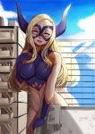  1girl blonde_hair blush bodysuit boku_no_hero_academia breasts brown_eyes building covered_navel domino_mask fake_horns giantess half-closed_eyes hand_on_own_chest highres horns impossible_clothes long_hair mask medium_breasts mount_lady nico-mo nose_blush open_mouth sky smile solo tongue upper_teeth 