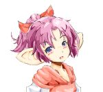  1boy 1girl animal_ears arm_behind_head arm_up bare_arms blush bow dress dutch_angle elf facing_viewer forehead hair_ribbon legend_of_mana lisa_(lom) looking_at_viewer pointy_ears ponytail purple_eyes purple_hair red_bow red_dress ribbon seiken_densetsu short_sleeves simple_background solo_focus white_background widow&#039;s_peak 