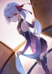  1girl bangs bare_shoulders bow breasts closed_mouth detached_sleeves dress dutch_angle eyebrows_visible_through_hair fate/grand_order fate_(series) hair_between_eyes hair_bow hakuishi_aoi holding kama_(fate/grand_order) long_hair long_sleeves looking_at_viewer looking_to_the_side purple_dress purple_legwear purple_skirt purple_sleeves red_bow red_eyes see-through short_hair silver_hair skirt sleeveless sleeveless_dress small_breasts smile solo standing sunlight thighhighs 